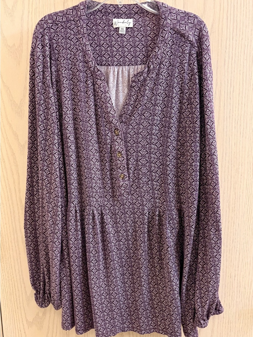 Wonderly Purple Geometric pleated Henley Tunic